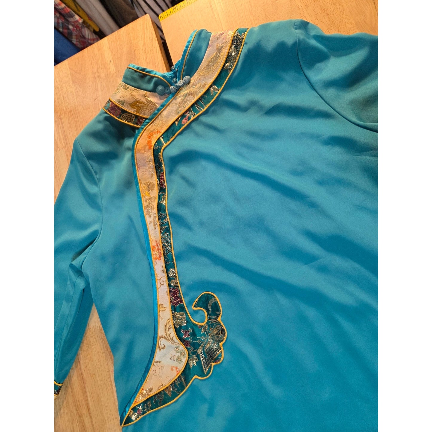 Turquoise blue Chinese traditional dress cap sleeve ornamental trim detail small