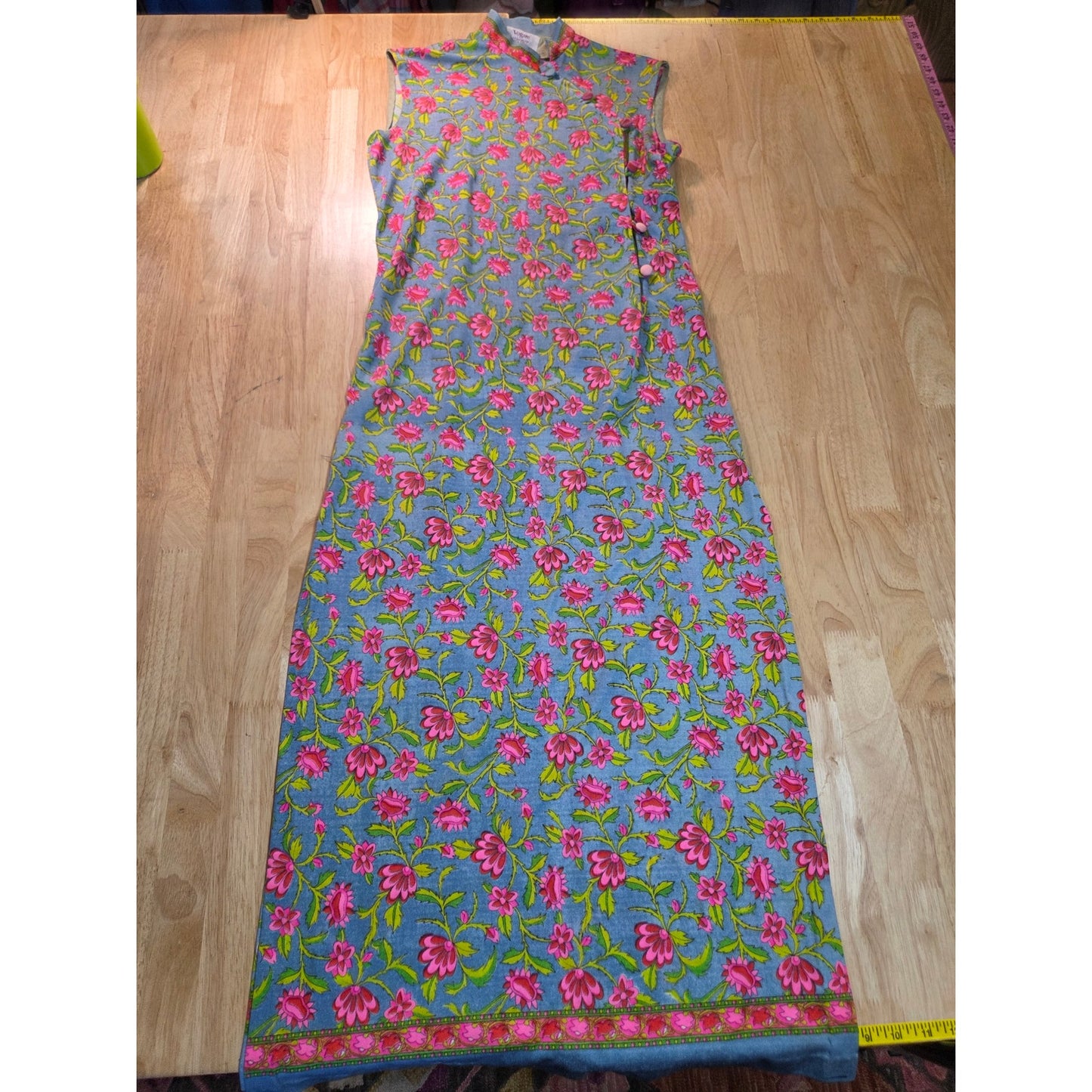 Vintage Chinese Style Hand Finished Neon Pink Blue Floral Sleeveless Maxi Dress