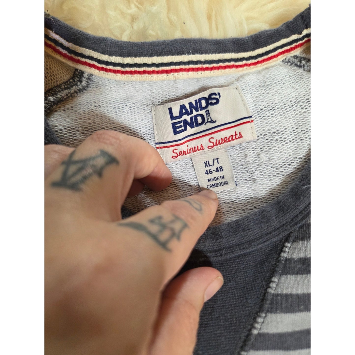 Land's End Serious Sweats Gray Striped Pullover Sweatshirt Jersey Knit Thick XL