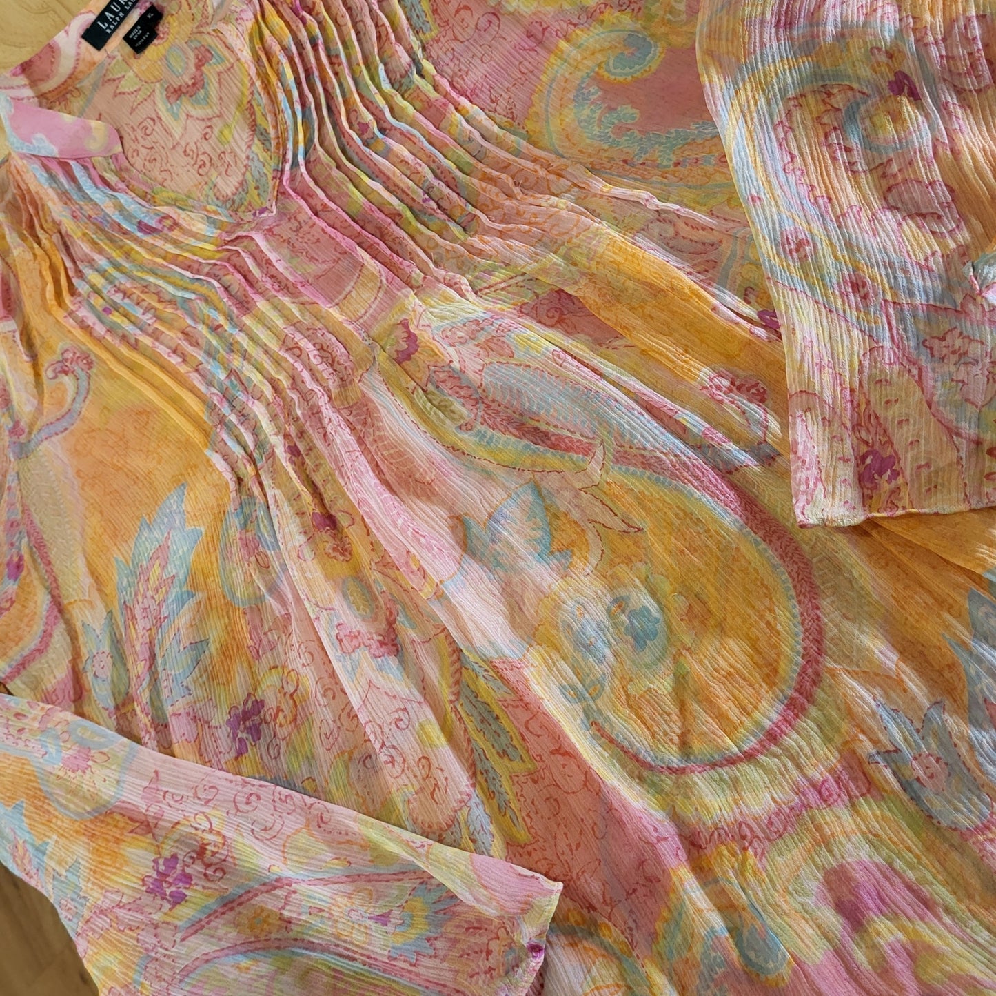 Ralph Lauren 100% Silk PINK Sheer Paisley Collared Button Down Blouse Size XL