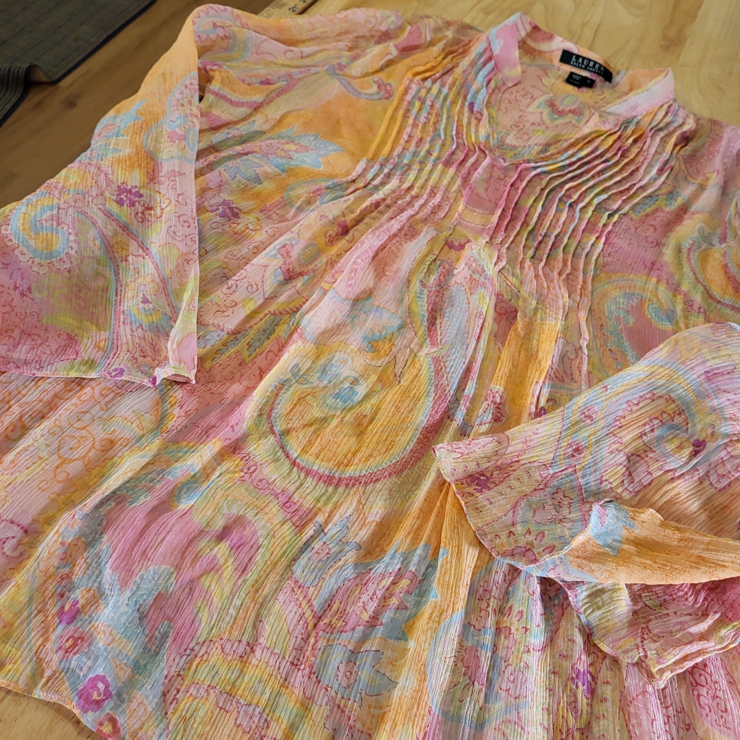 Ralph Lauren 100% Silk PINK Sheer Paisley Collared Button Down Blouse Size XL