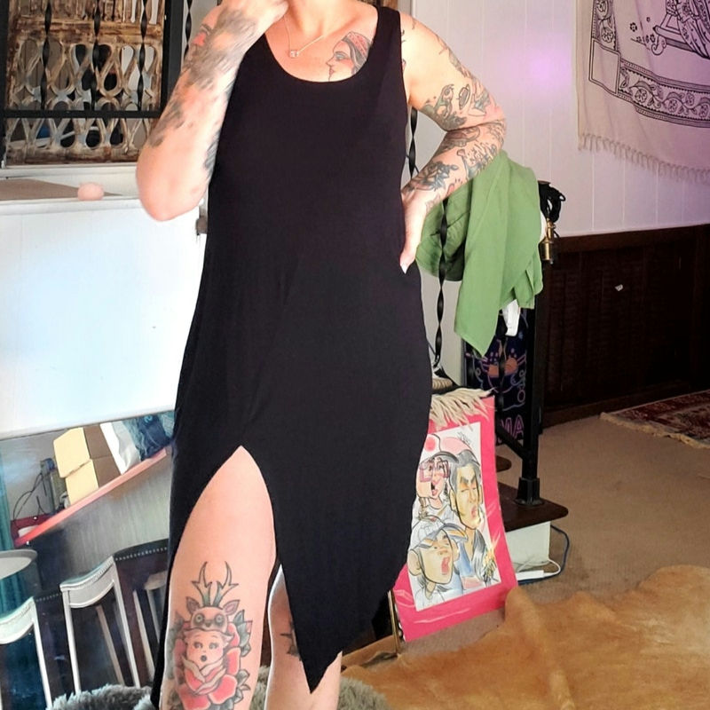 Alambika black tank dress asymmetrical hem jersey knit size 2