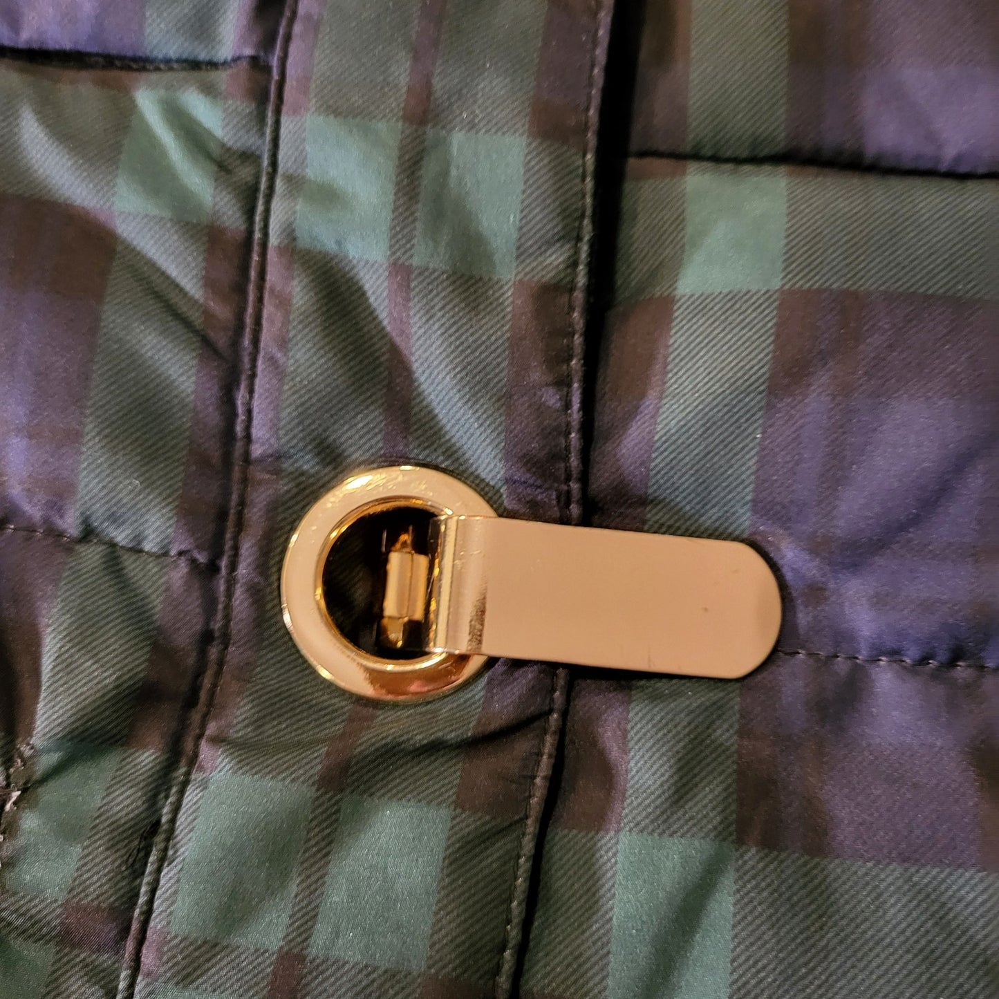 Charter Club Blue Green Plaid Puffer Coat Gold Closures (See slight damage)