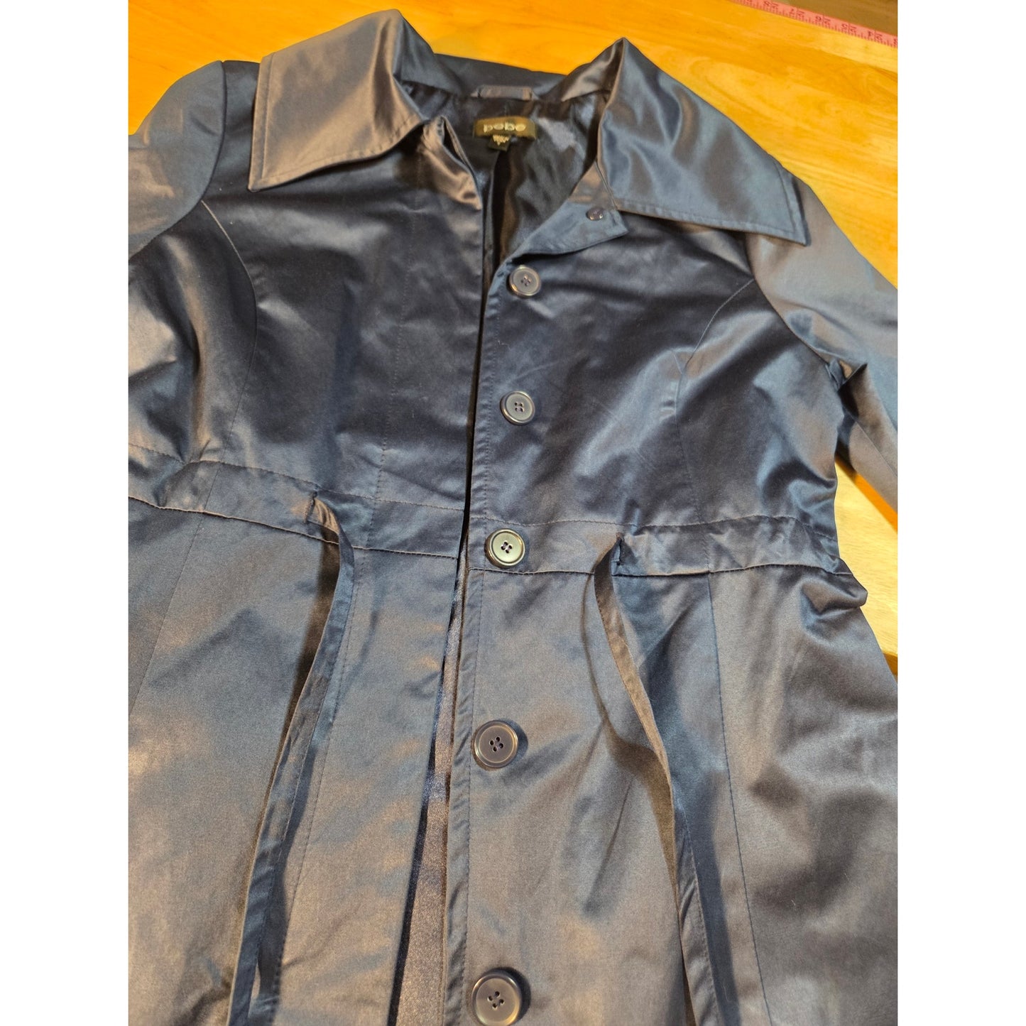 Bebe navy blue double breasted wide collar knee length Overcoat satin size sml