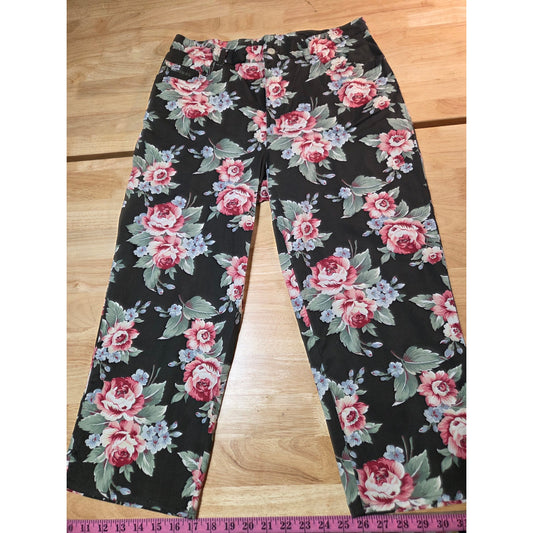 Lauren by Ralph Lauren size 12 pink and black floral cropped straight leg jeans