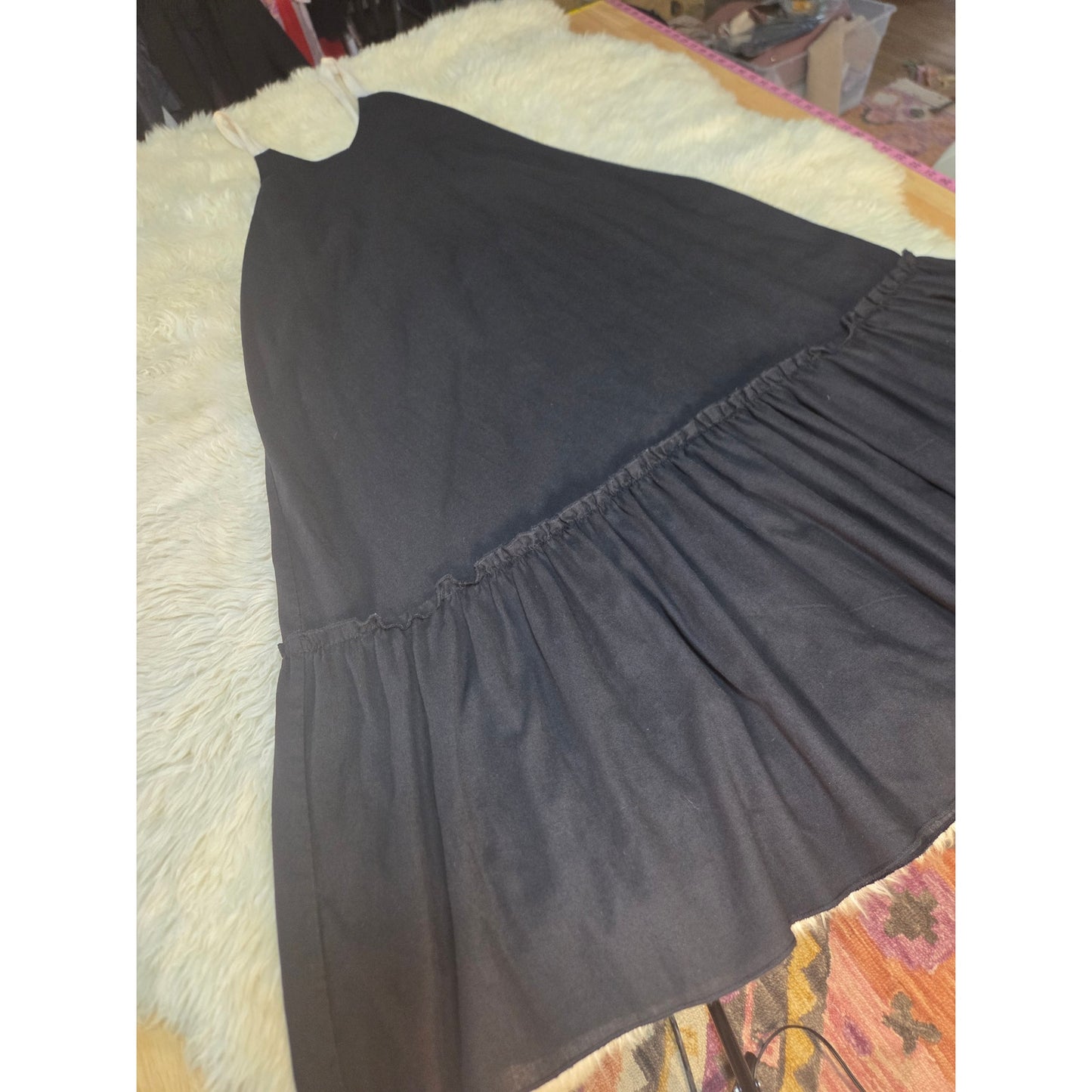 Unbranded black cotton maxi dress adjustable twill tape straps cream V neck
