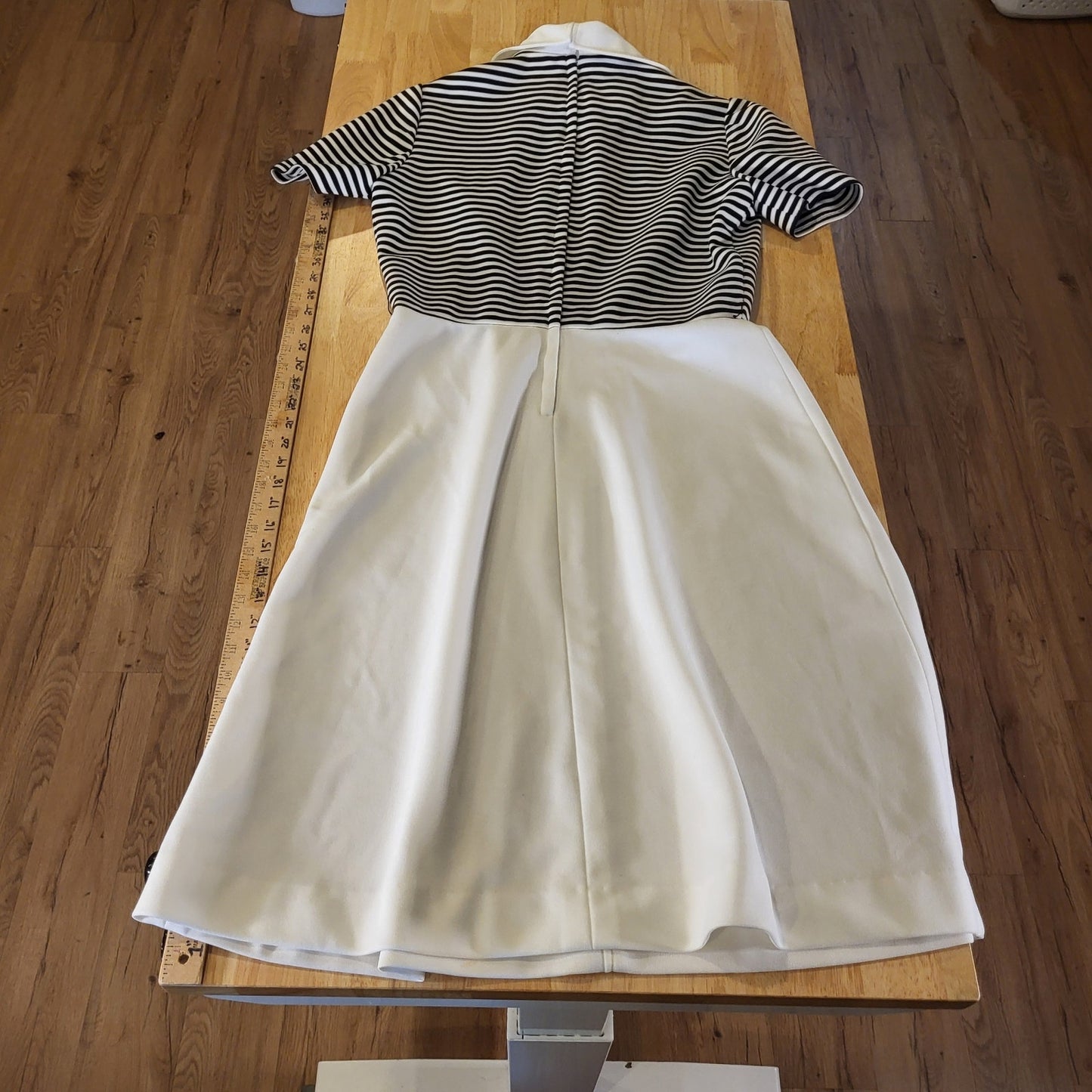 Vintage Polyester Black White Striped Strawberry Collared Short Sleeve