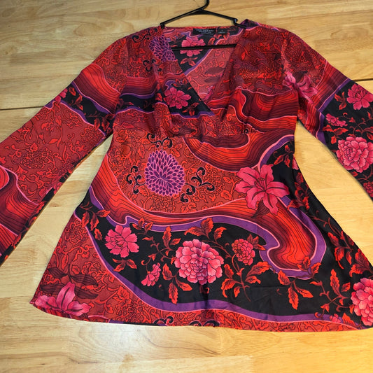 New York City design company 100% silk size large Asian print pink floral blouse