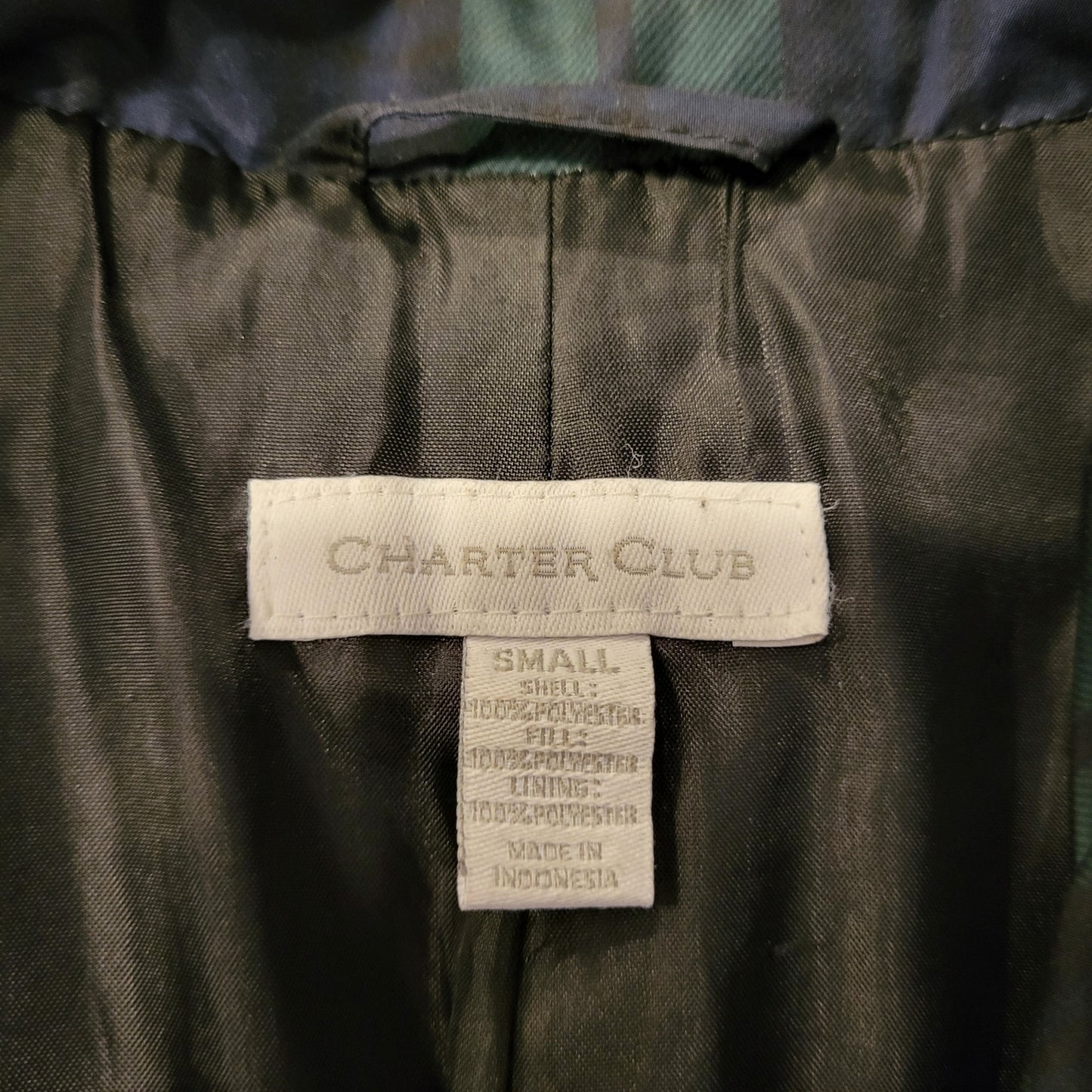 Charter Club Blue Green Plaid Puffer Coat Gold Closures (See slight damage)
