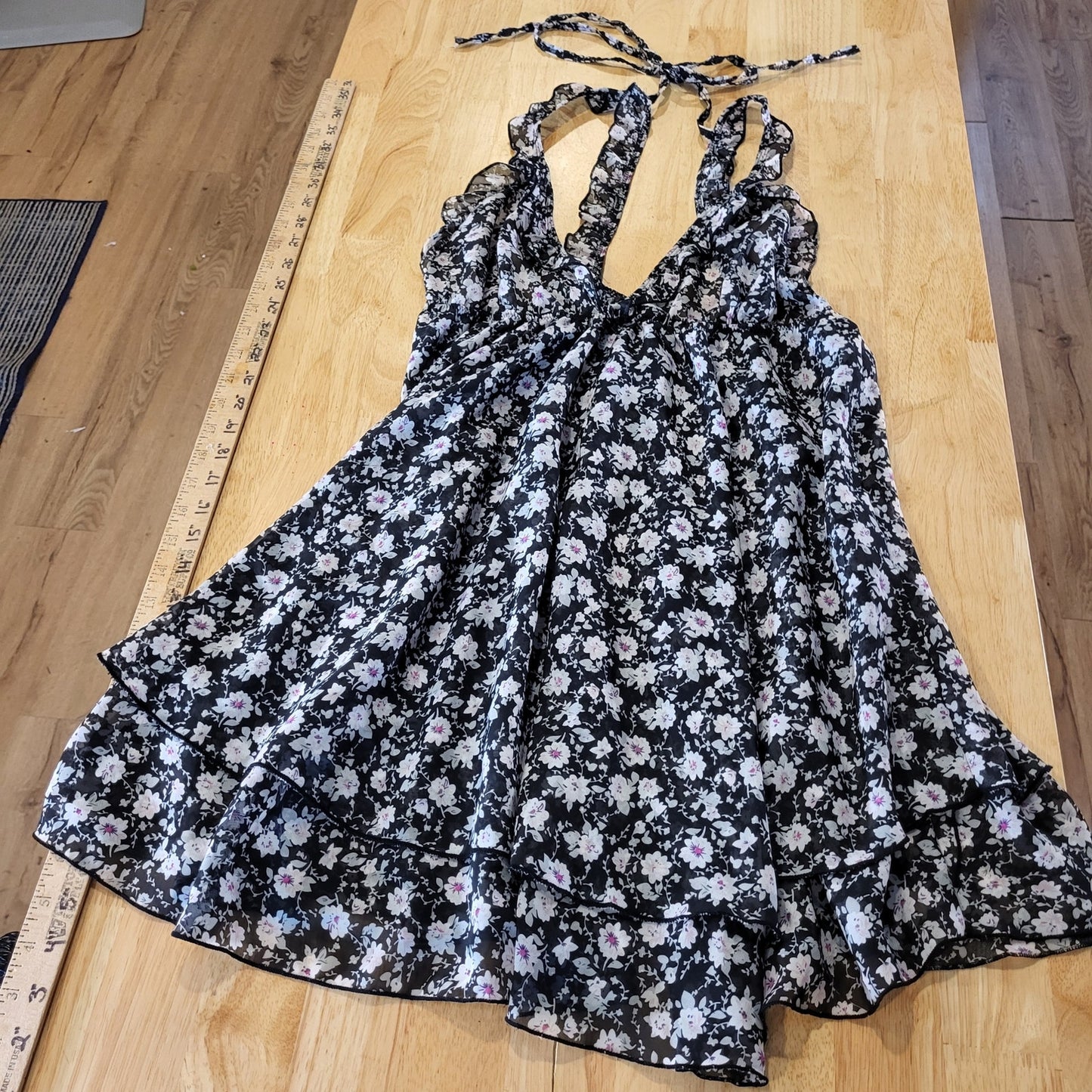 B'Delicious Teddy Dress Black Floral Sleeveless Back Tie Knee Length