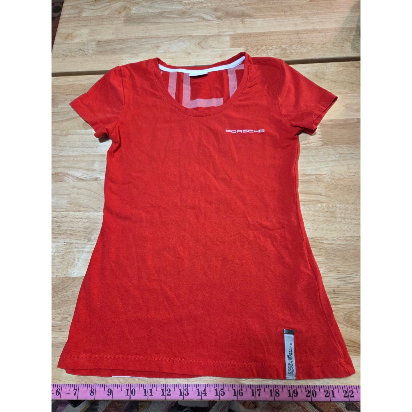 Porsche red cap sleeve v-neck women's t-shirt graphic print white logo small