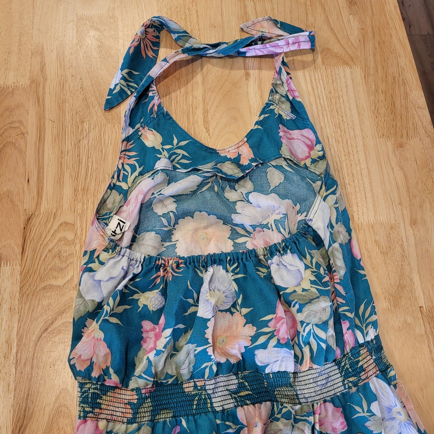 Vintage turquoise Floral halter dress elastic MIDI tie cotton medium