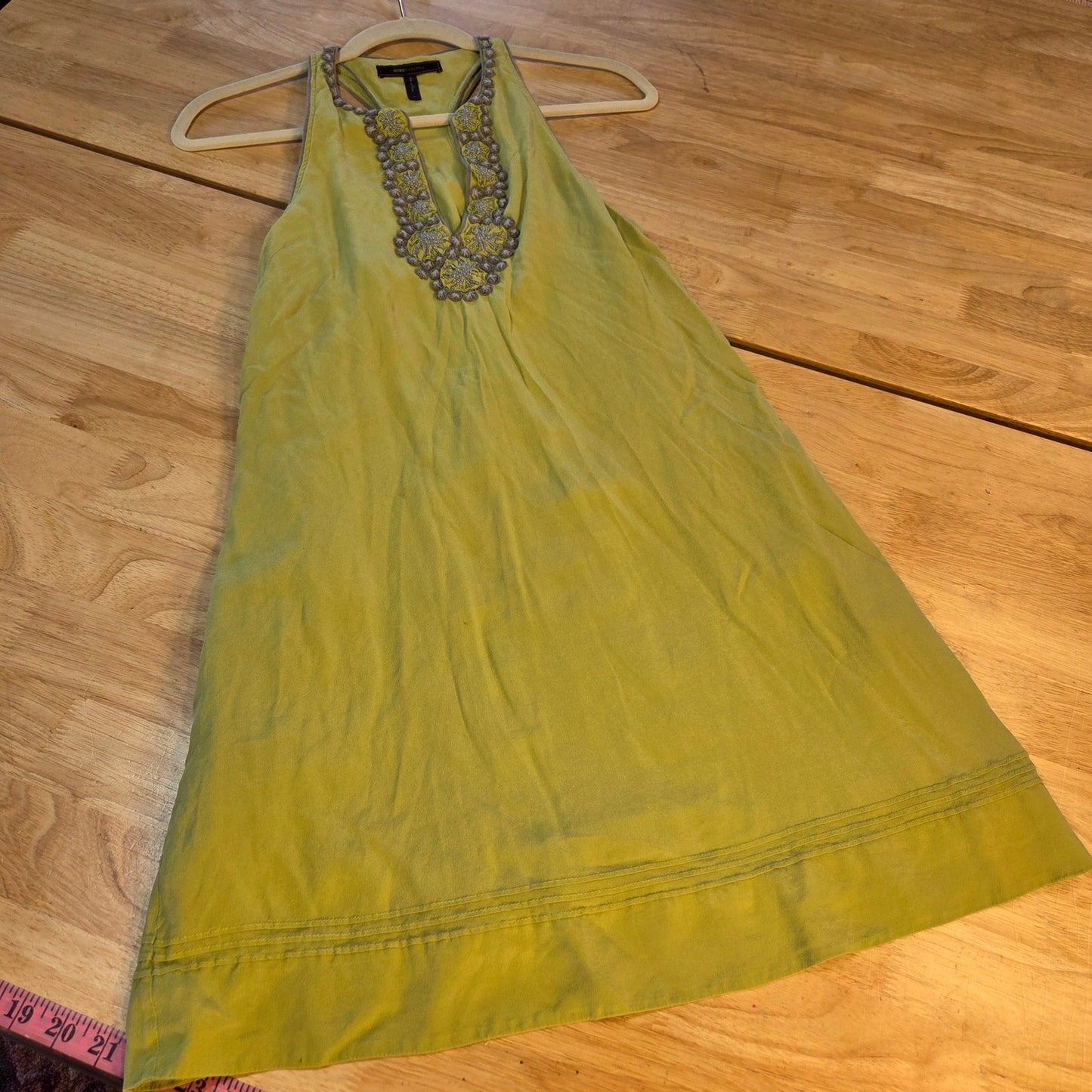 Bcbgmaxazria chartreuse neon green silk sleeveless tank dress embroidered med
