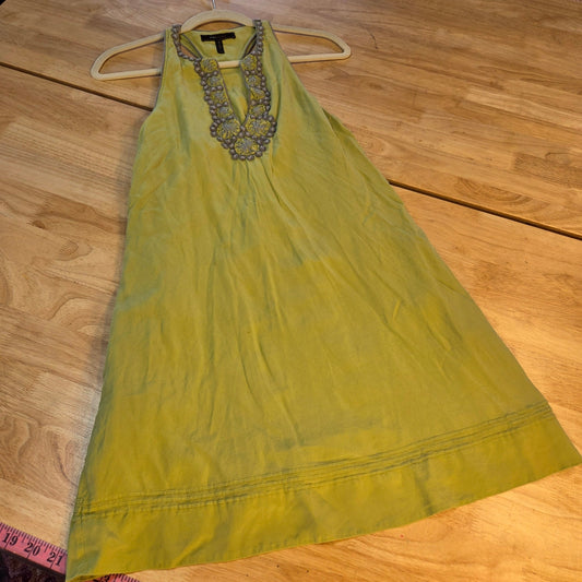 Bcbgmaxazria chartreuse neon green silk sleeveless tank dress embroidered med