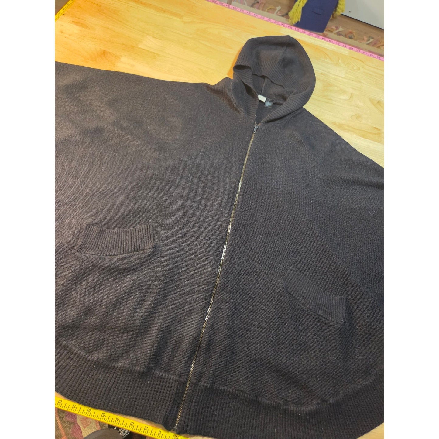 H&M Black close knit hooded Poncho zip front pockets  one size