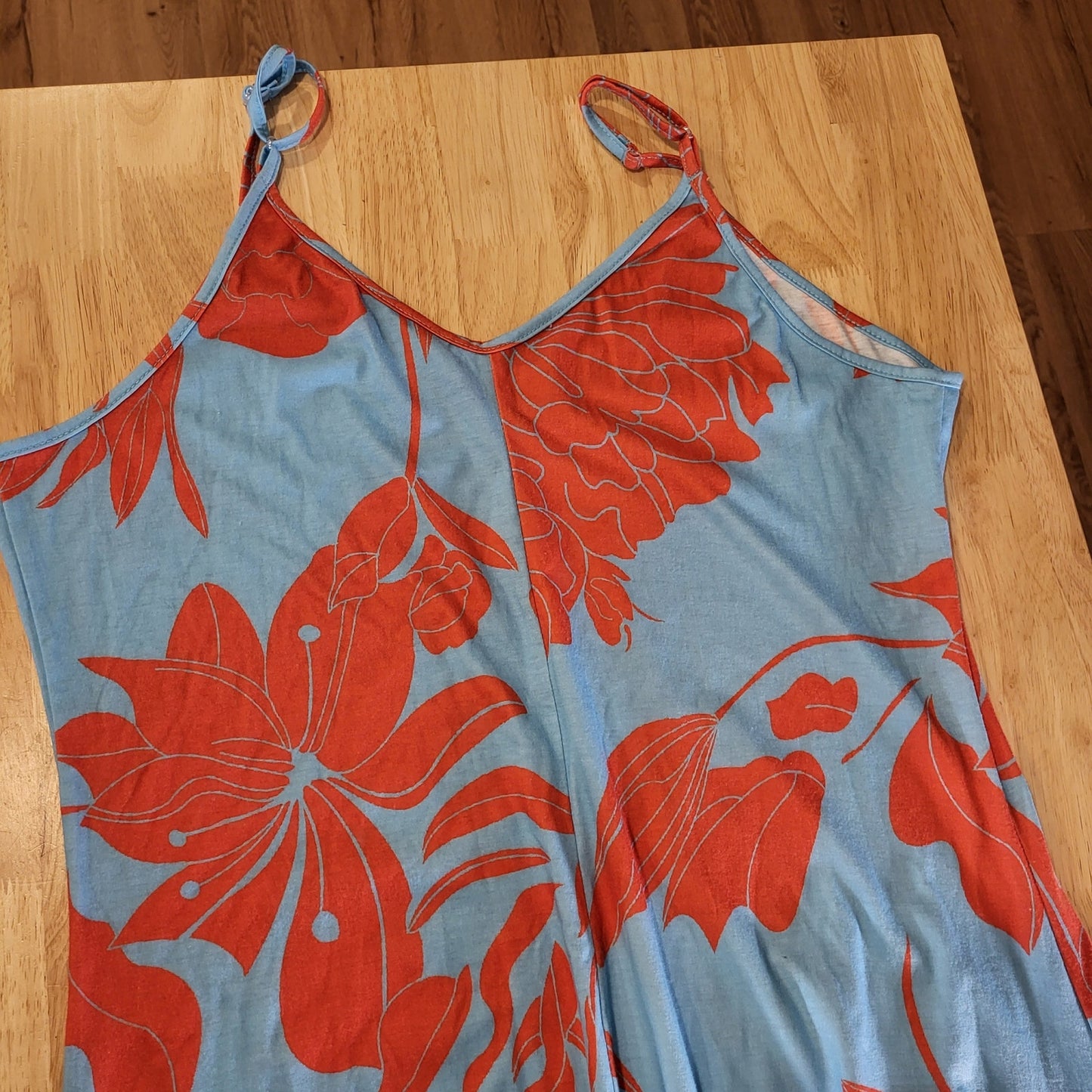 Noracora Orange Blue Floral Jersey Maxi Spaghetti Strap Dress Adjustable XL