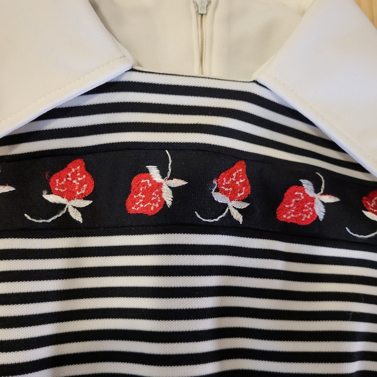 Vintage Polyester Black White Striped Strawberry Collared Short Sleeve