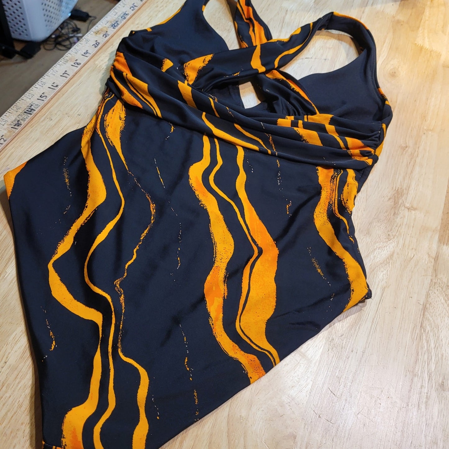 Black One Piece Bathing Suit Orange Lava Stripes 15" P2P Triangle Top
