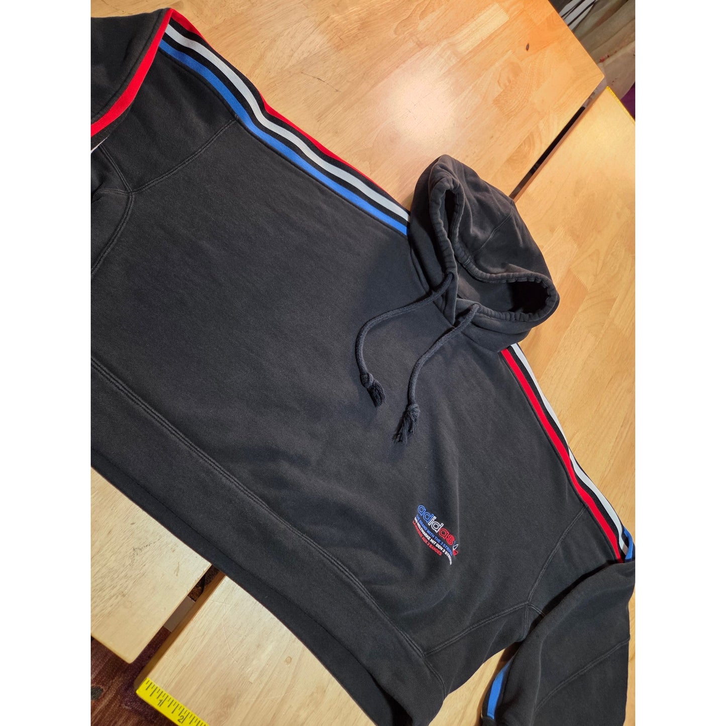 Adidas Originals navy blue cropped hoodie red white and blue logo embroidery L