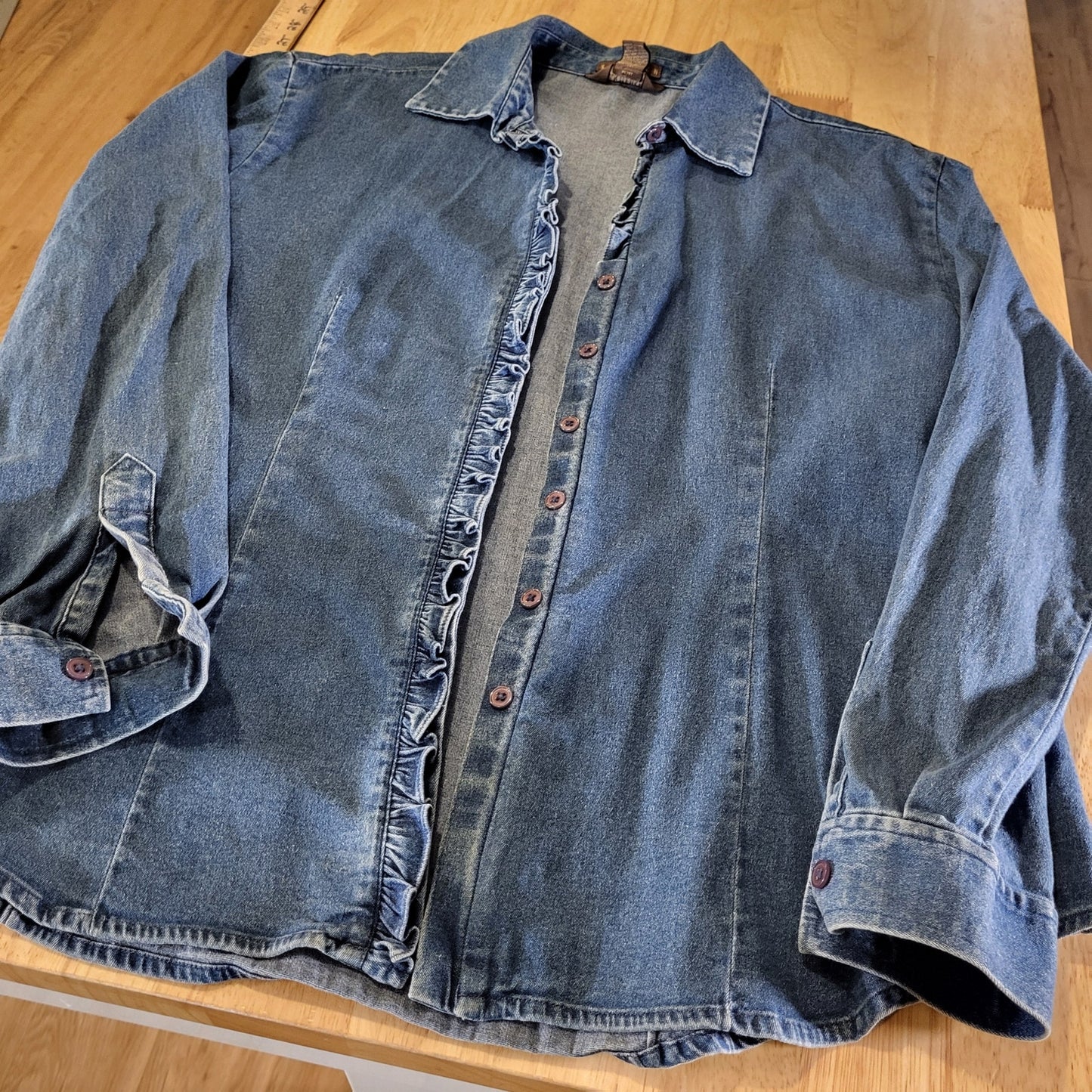 Van Heusen Denim Collared Button Down Cotton Ruffle Detail Medium Stretch