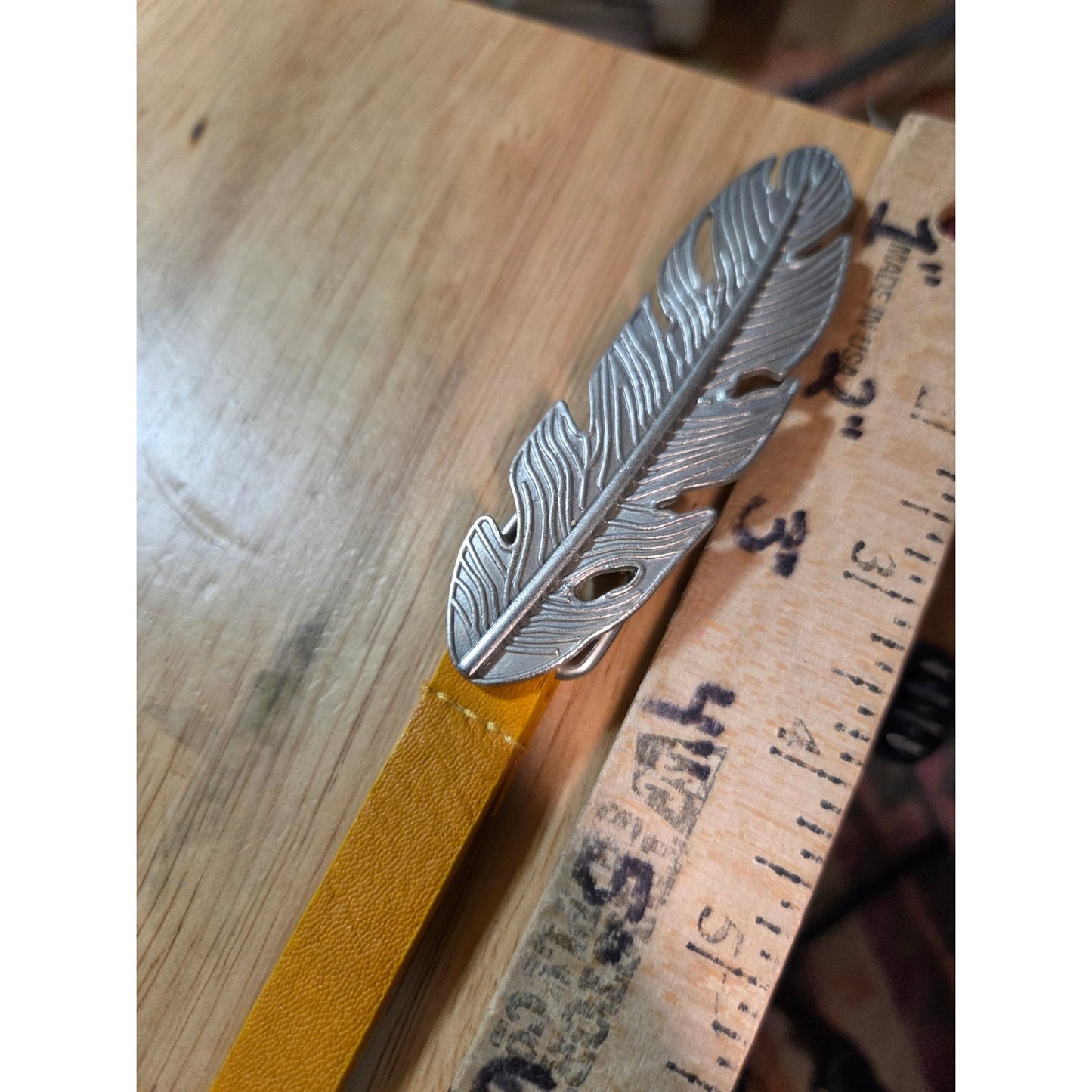 Mustard Yellow Skinny Belt With Silver Toned Feather Buckle 41"