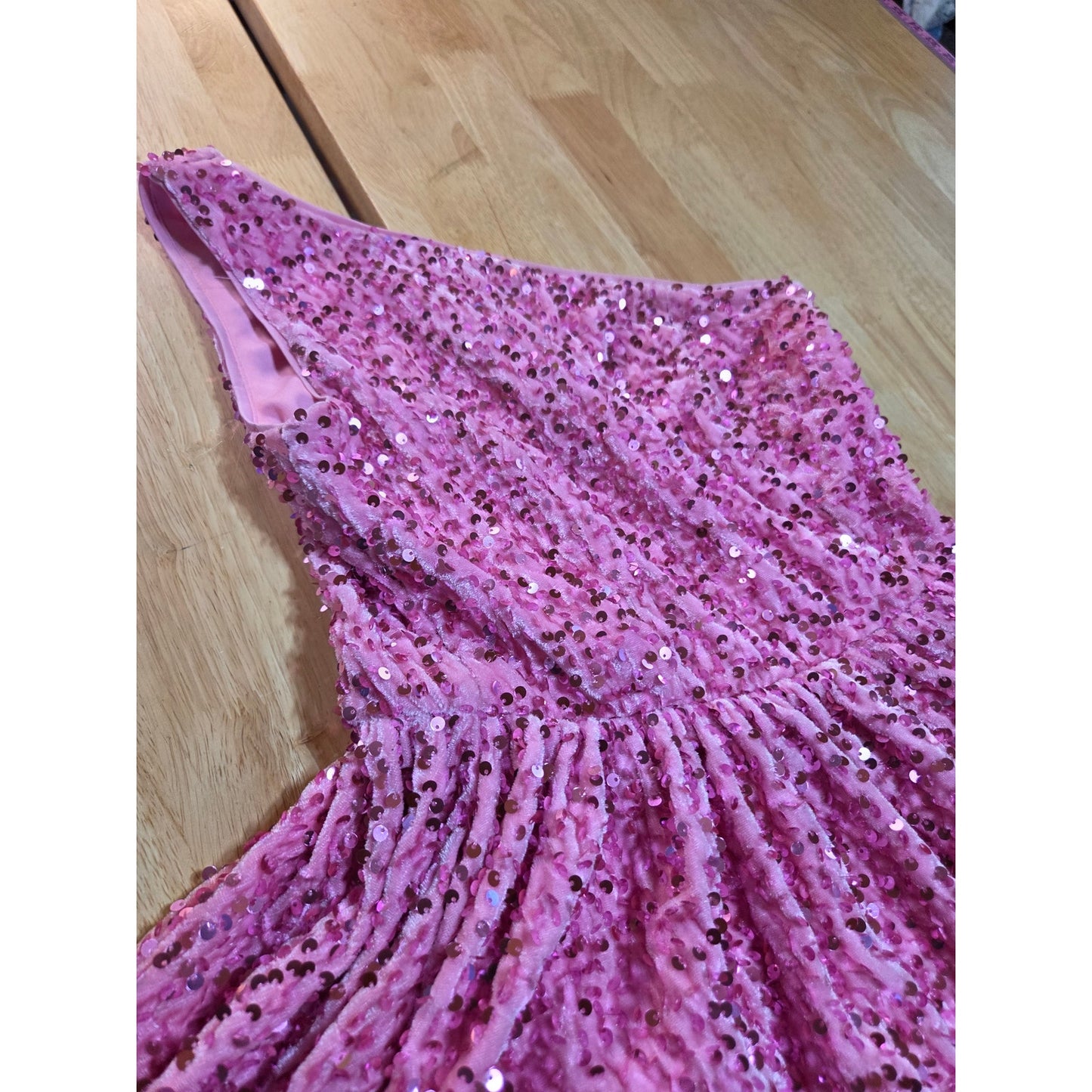 Faeriesty 1 shoulder Skater Mini Dress Elastic Waist Pink Velvet Sequin
