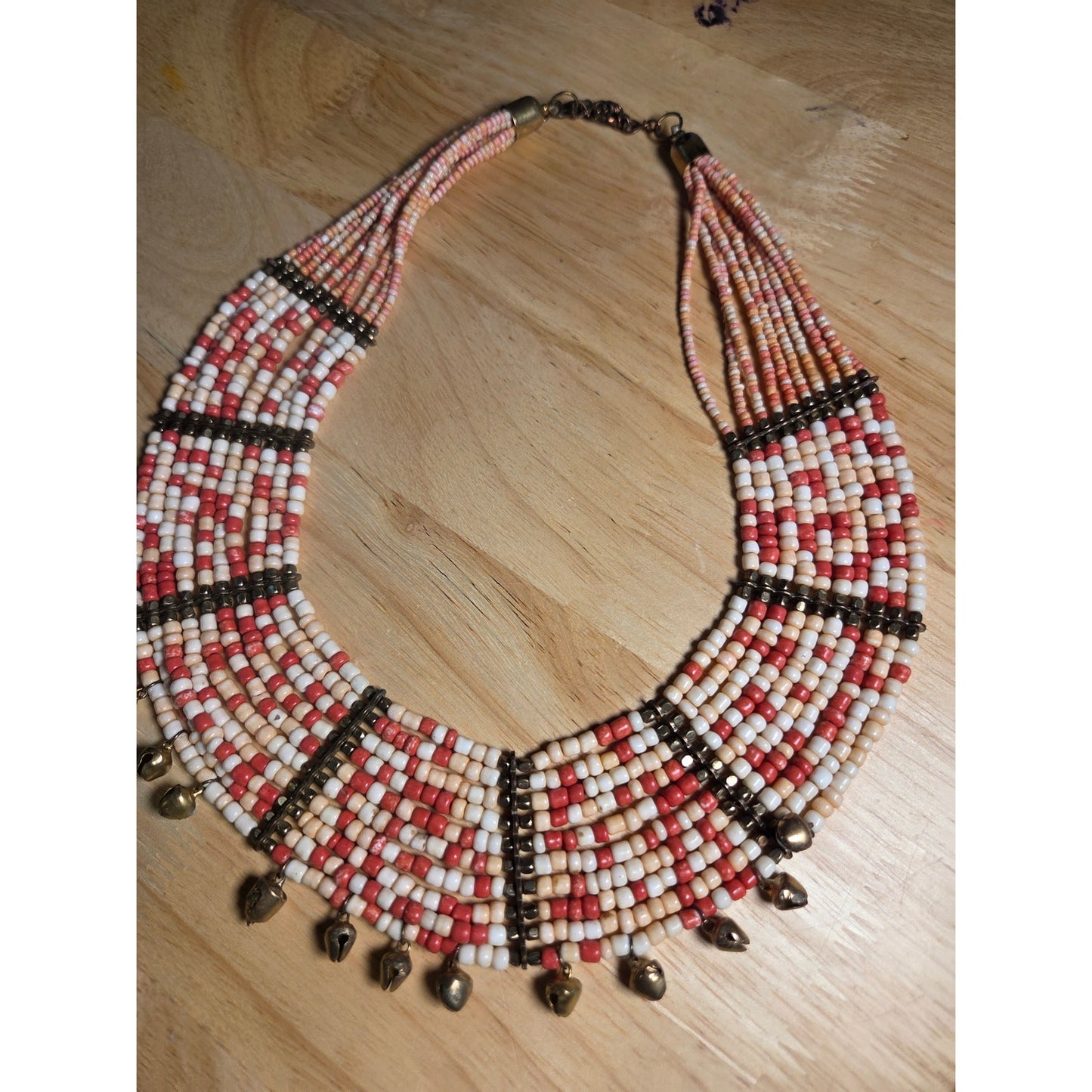 Red & White Beaded Chest Plate Necklace Vintage Hand Made I Believe