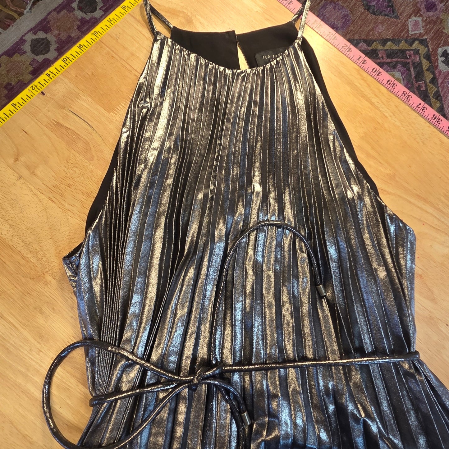 Nwt Ted Baker silver metallic pleated sleeveless midi dress belted a line size 5