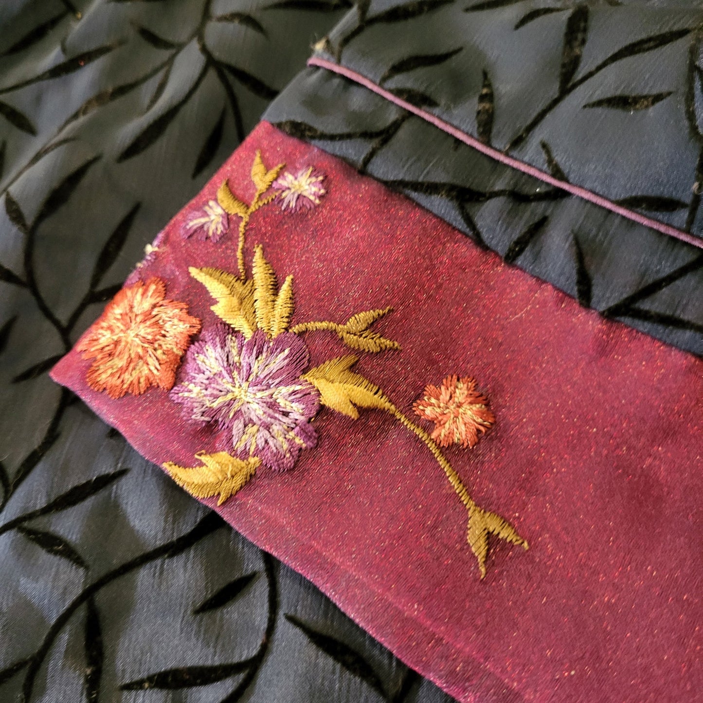 Blue Sheer Botanical Patterned Mandarin Collar Chinese Purple Embroidered Cuffs