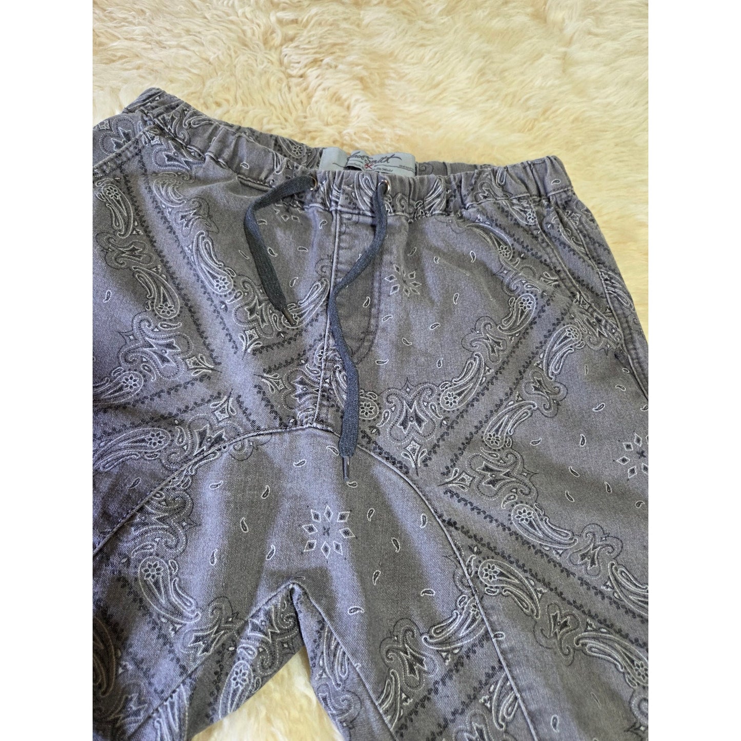 Blacksmith GRAY Paisley Harem cut JEAN shorts elastic waist tie crop distress