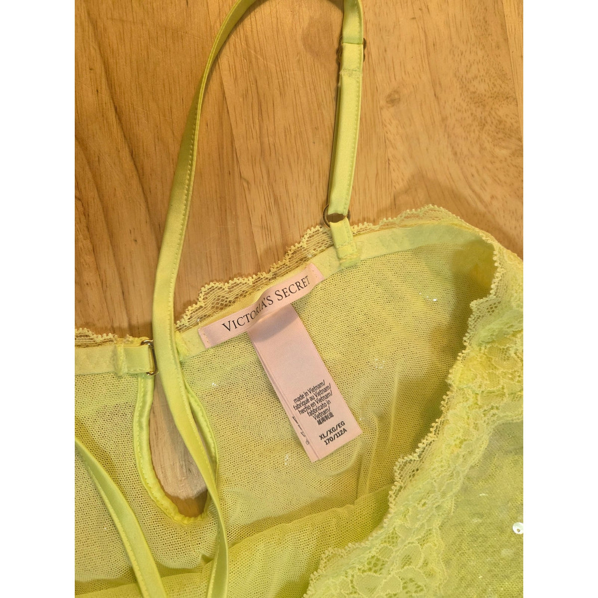 Viral Victoria's Secret lime green spaghetti strap sequin slip dress lace xl