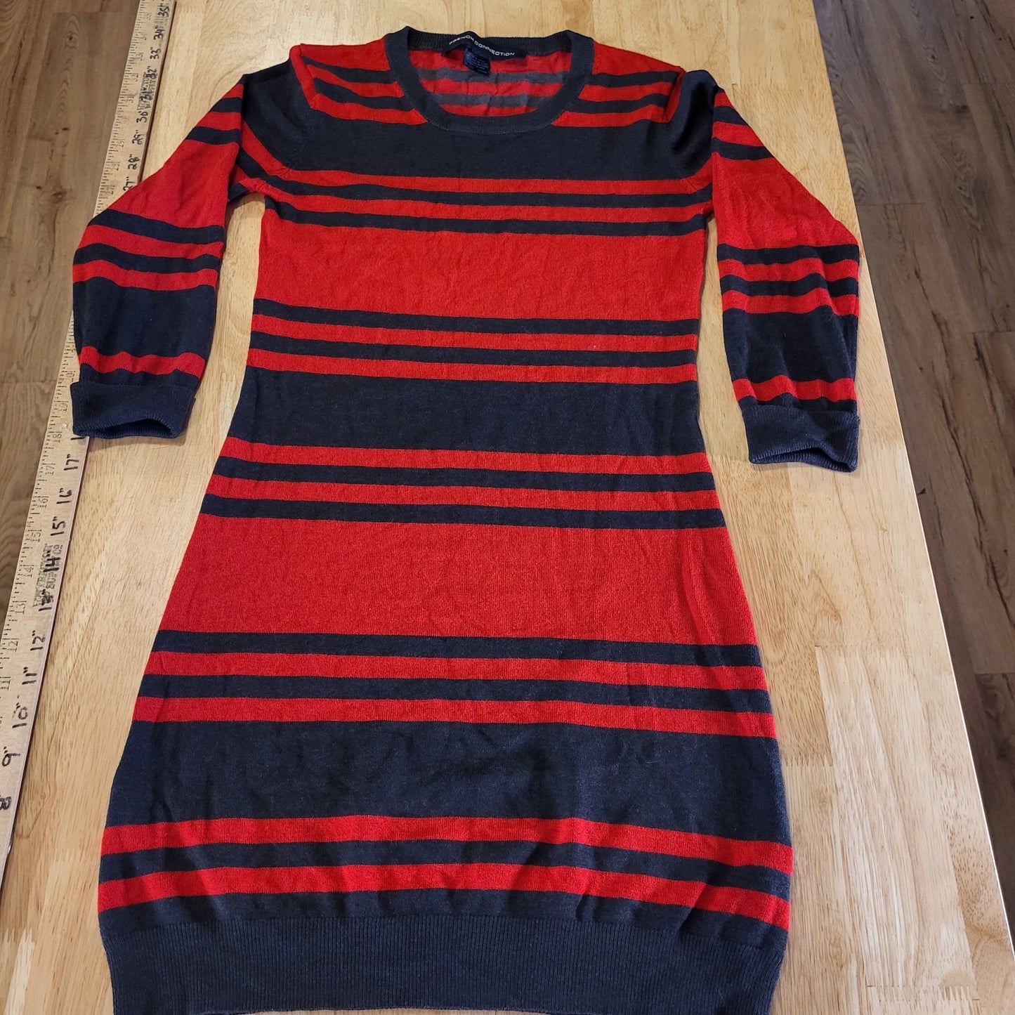 French Connection Red & Gray Striped Long Sleeve Mini Sweater Dress Bodycon Sm