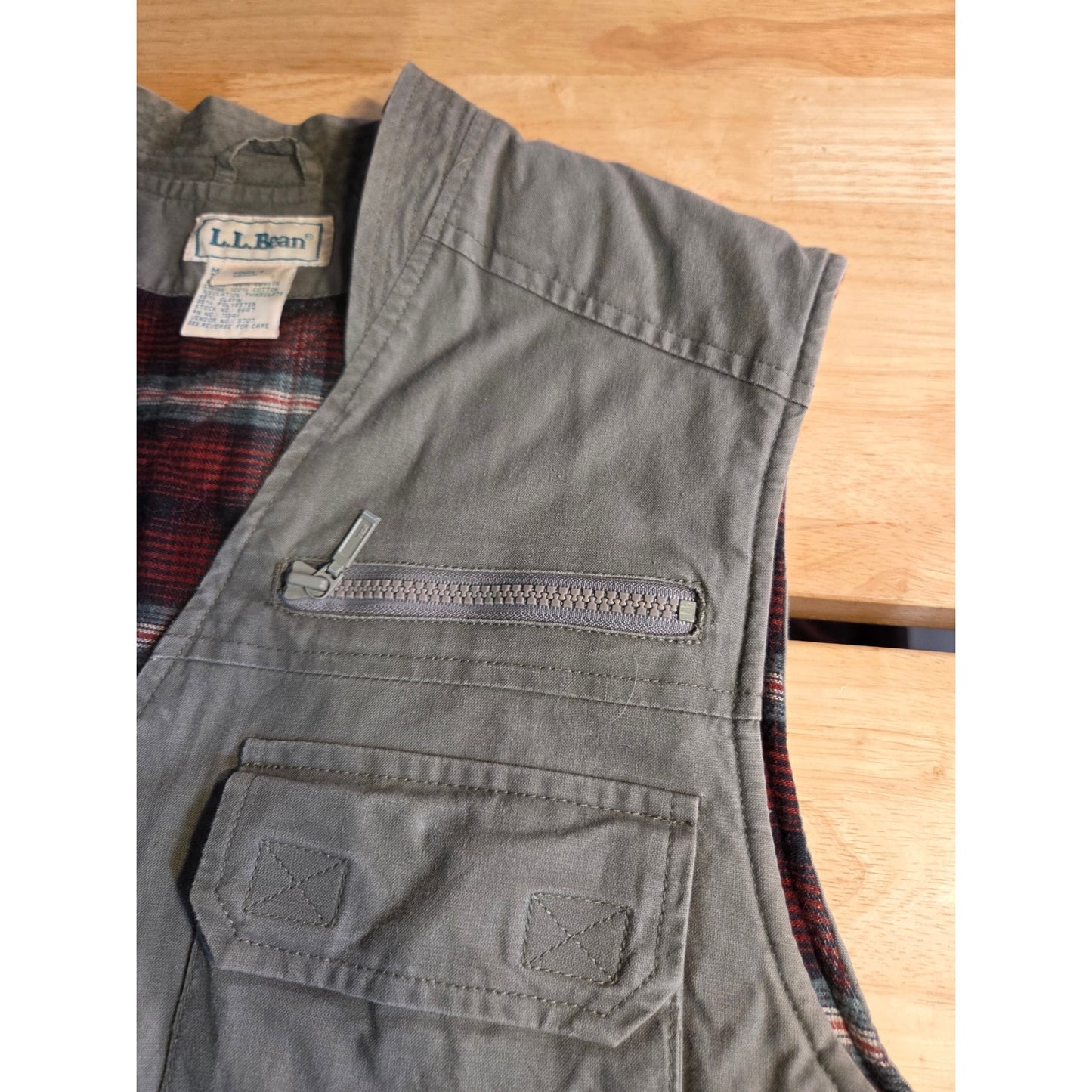 L. L. Bean Vintage Flannel Lined Army Green Hunting Vest 100% Cotton SZ Medium