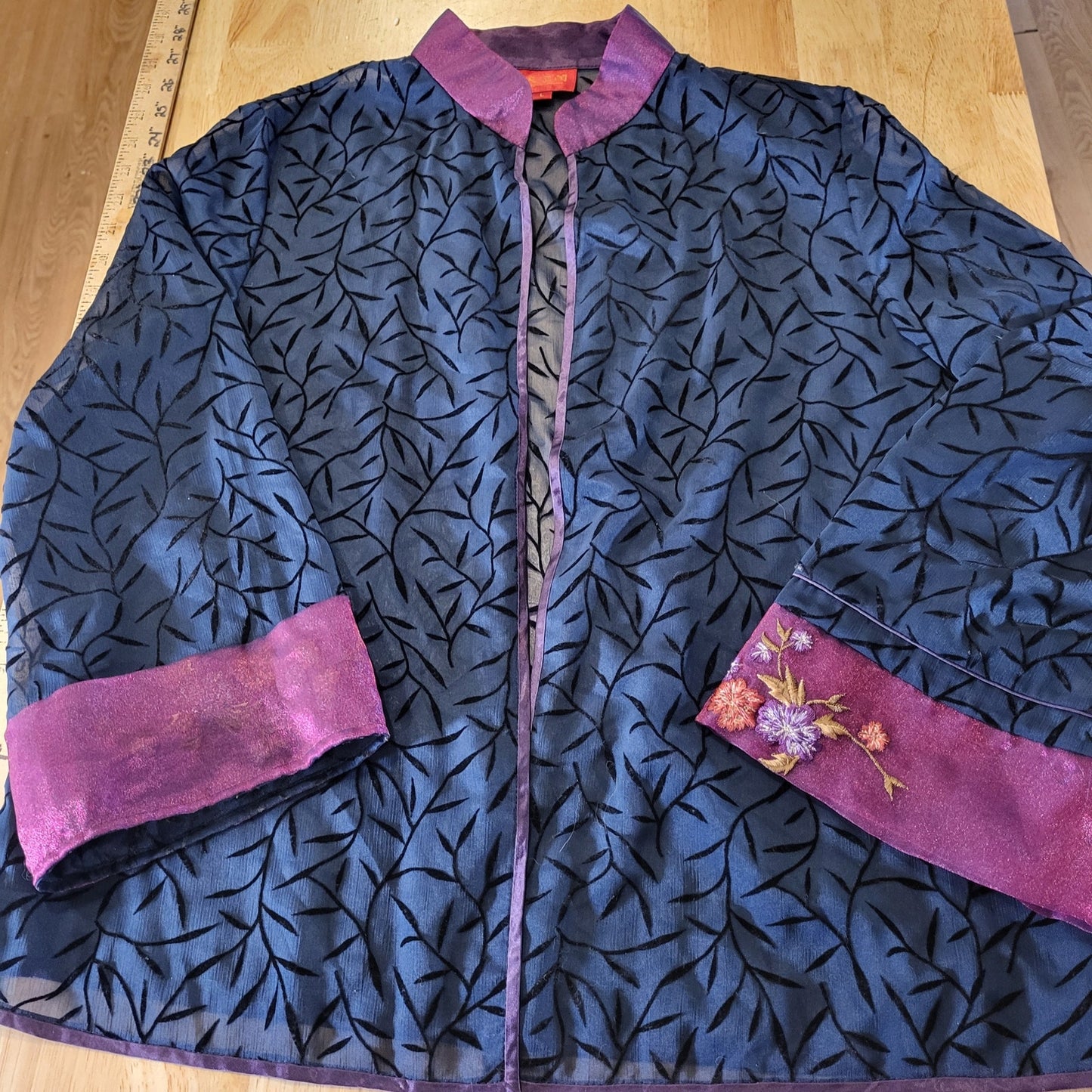 Blue Sheer Botanical Patterned Mandarin Collar Chinese Purple Embroidered Cuffs