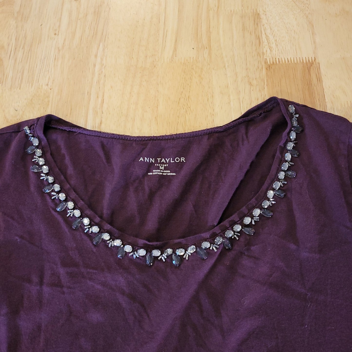Ann Taylor Jersey Knit Eggplant Purple Embellished Rhinestone Neckline Medium