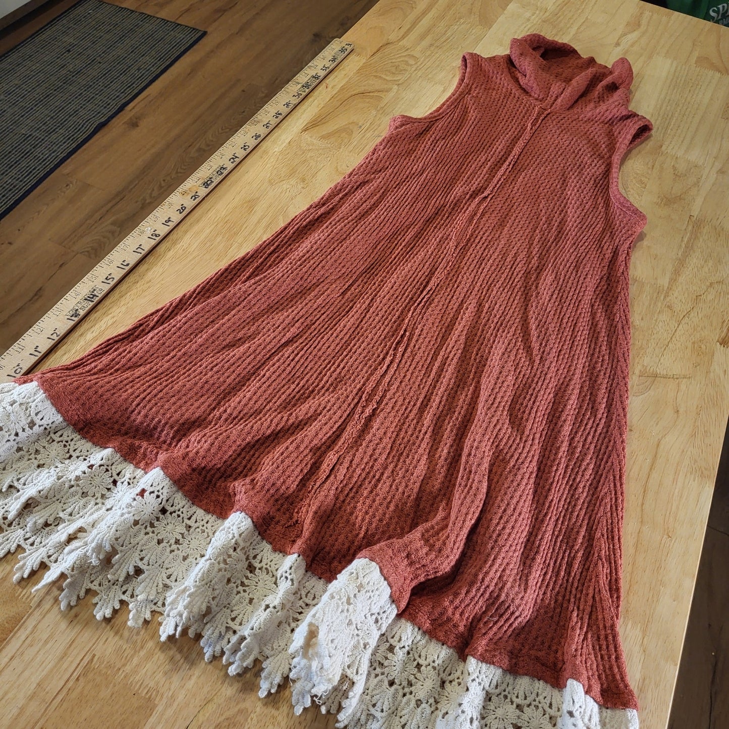Altar'd State Waffle Knit Orange Rust Sleeveless Knee Turtle Neck Dress Lace Hem