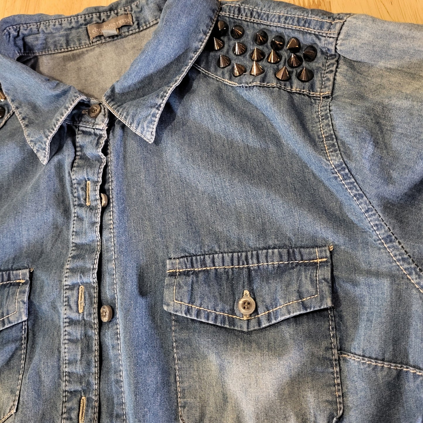 Charlotte Russe Size Medium Denim Button Down Collared Shirt Studded Shoulders