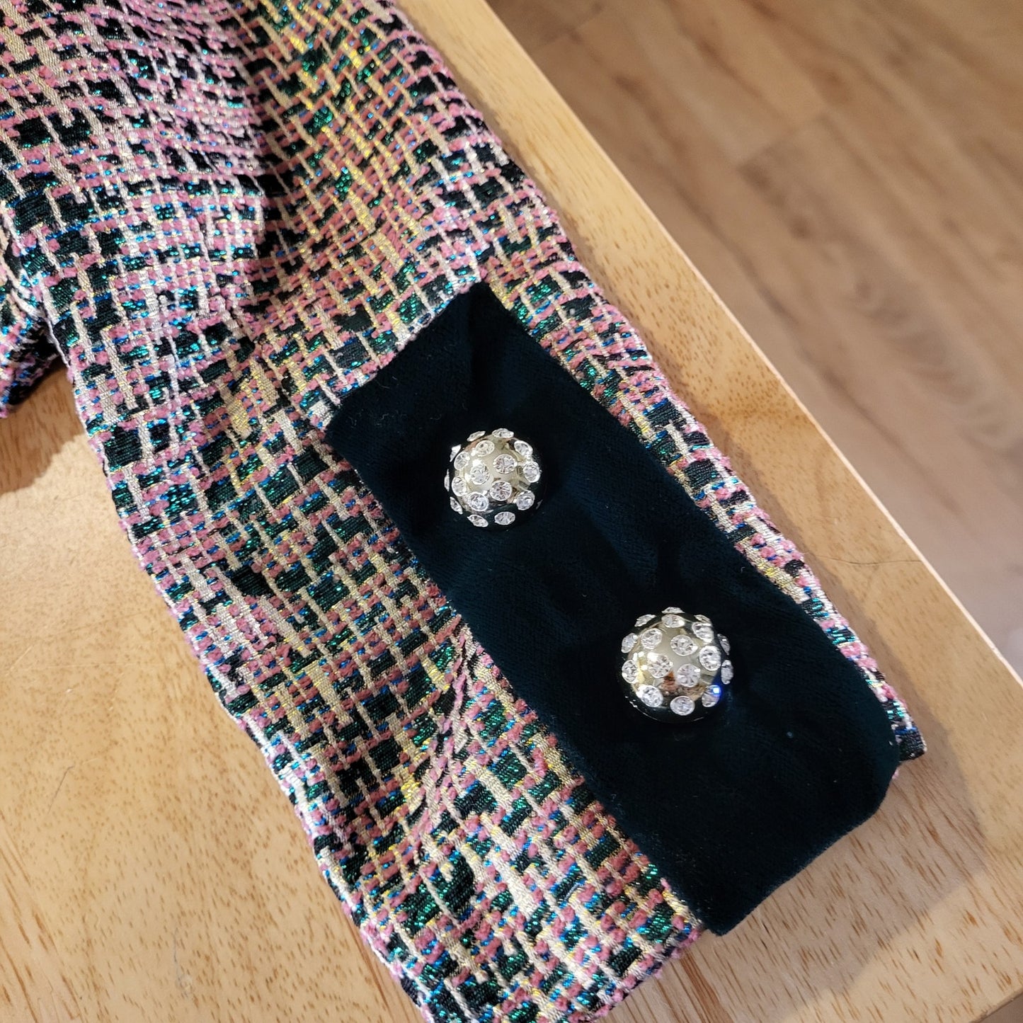 Vintage Tweed Metallic Pink Shirt Coat Green Velvet Trim Rhinestone Buttons 16"