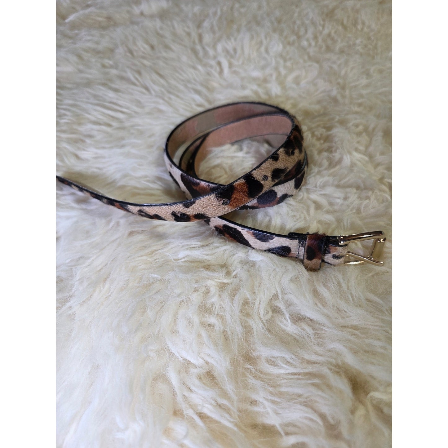 Leopard print calfskin belt half inch gold Hardware 42" Long