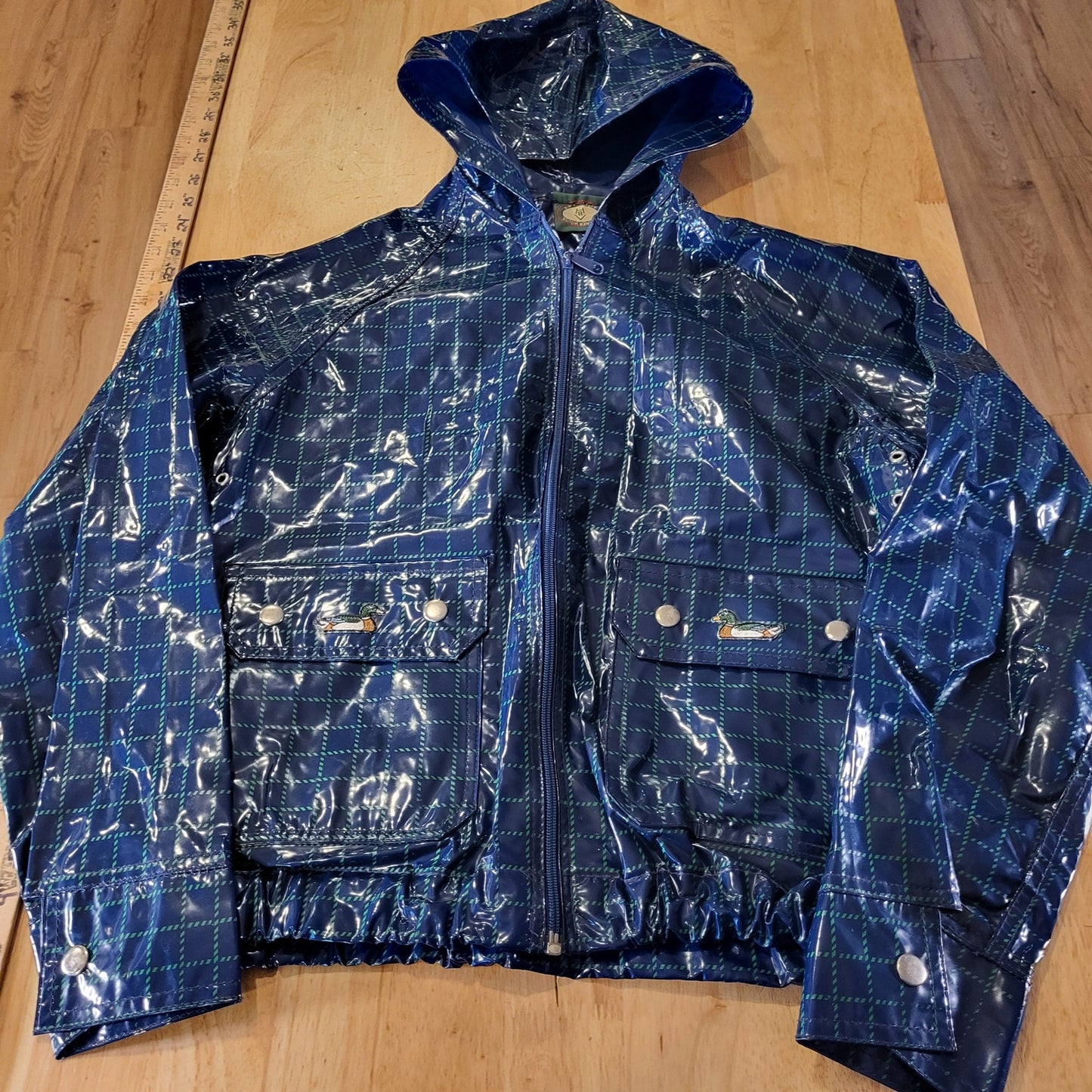 Banner House Asheville Kids Rubber Rain Coat Blue Check Duck Embroidery 20" P2P