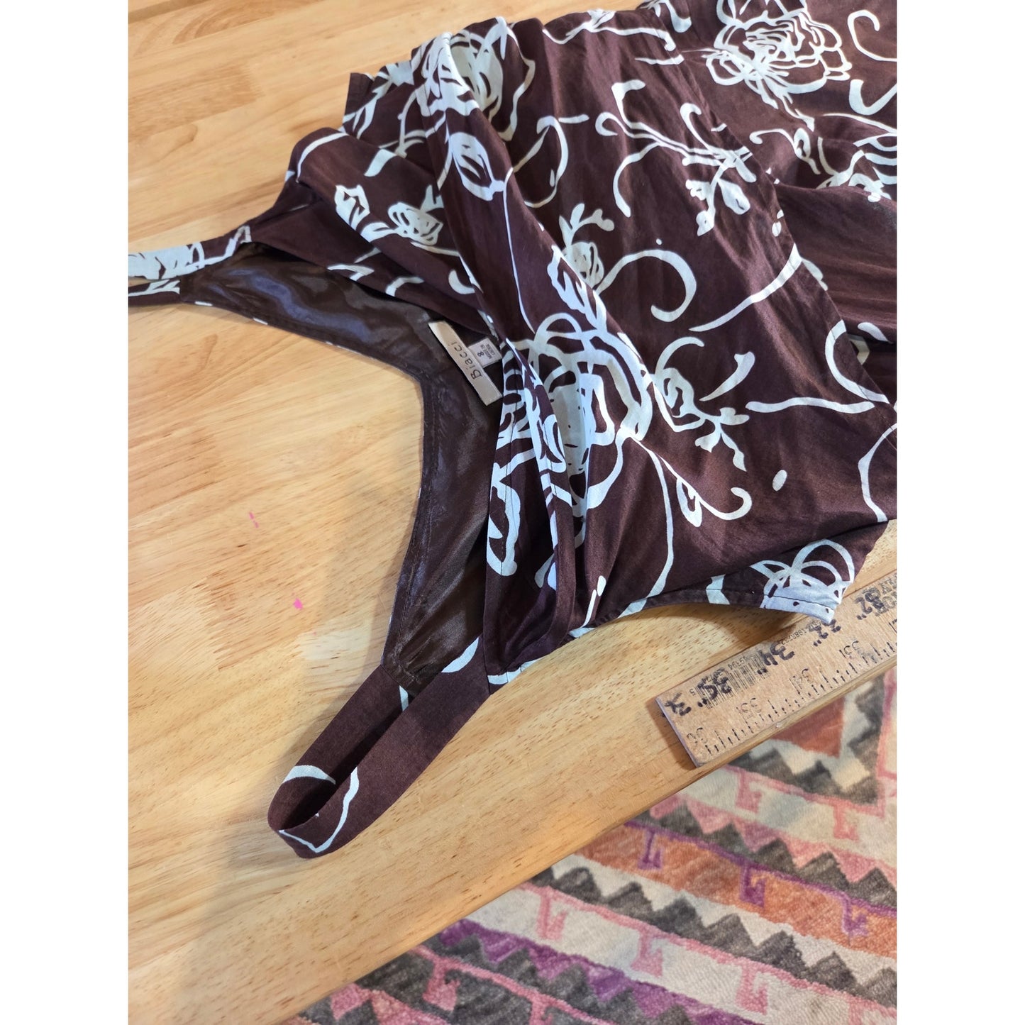 Biacci 100% cotton brown and blue floral sleeveless v-neck dress fully lined tie