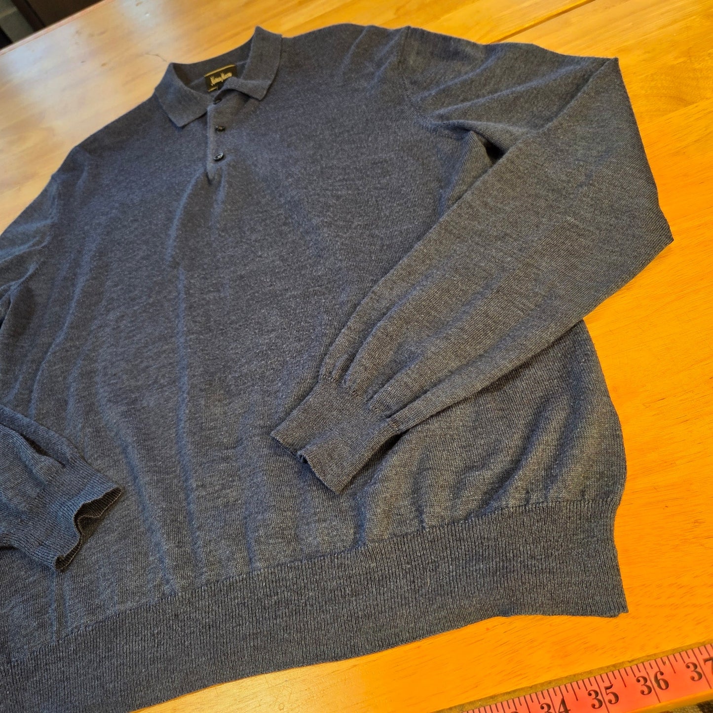 Neiman Marcus blue wool blend 3/4 button pullover sweater tight knit large