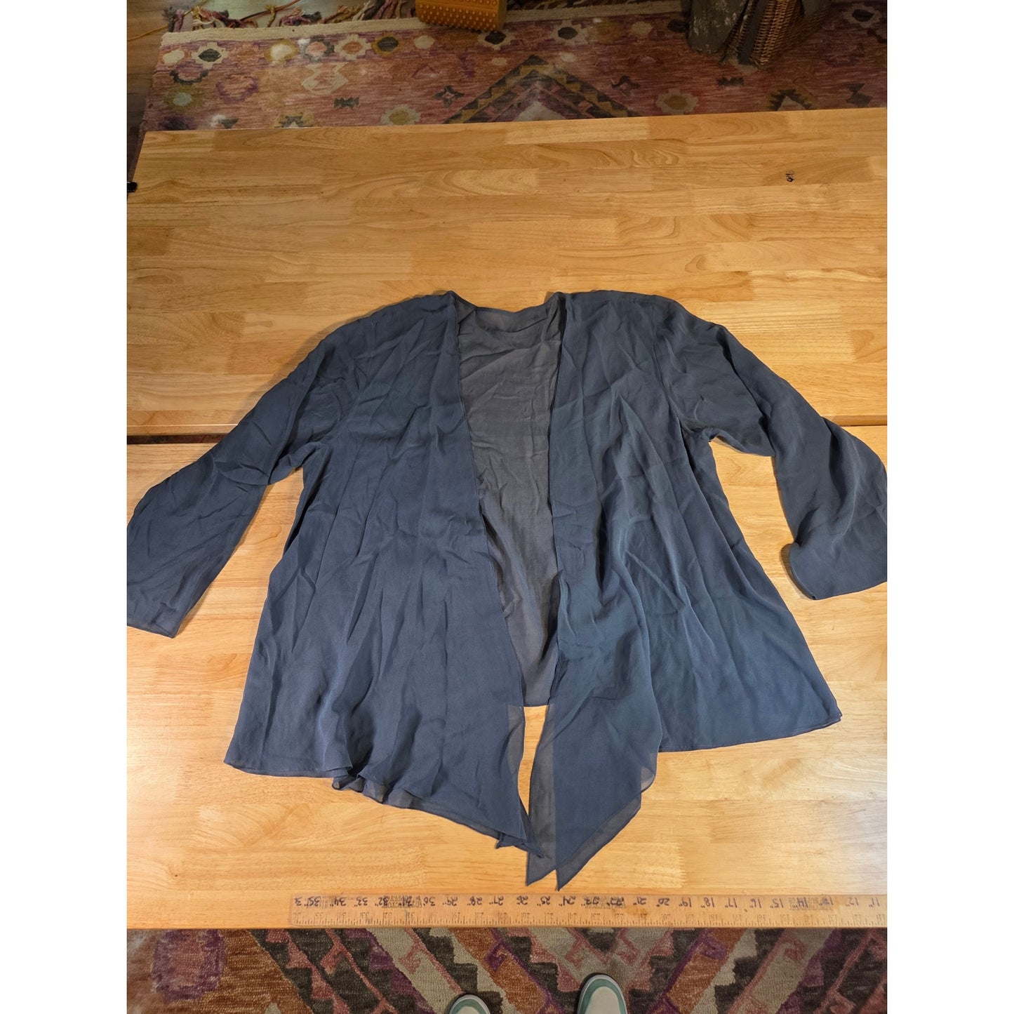 Navy Blue Silk Tissue Hem Long Sleeve Gauzy Cover-up Small