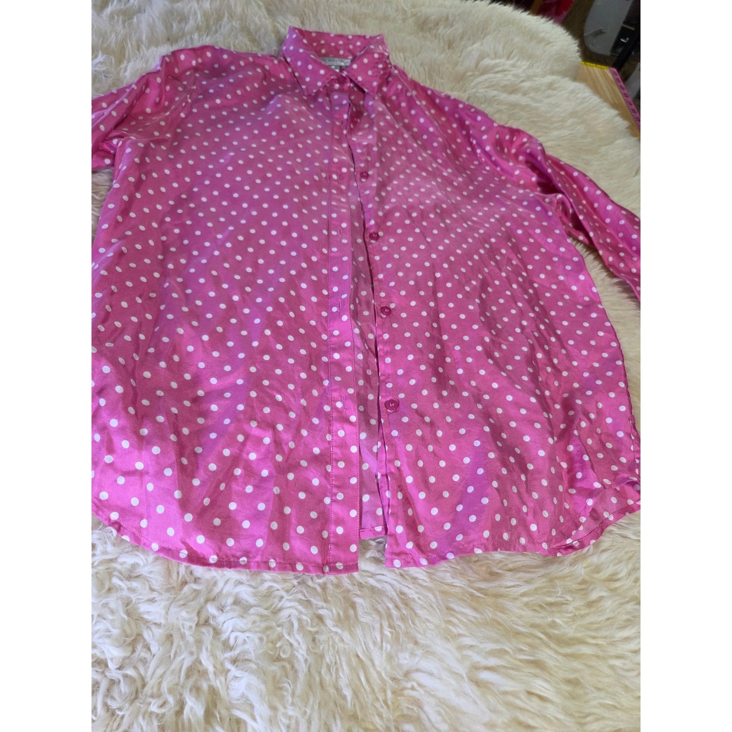 Vintage Jones New York Country PINK 100% Silk Polka dot Blouse Collared M