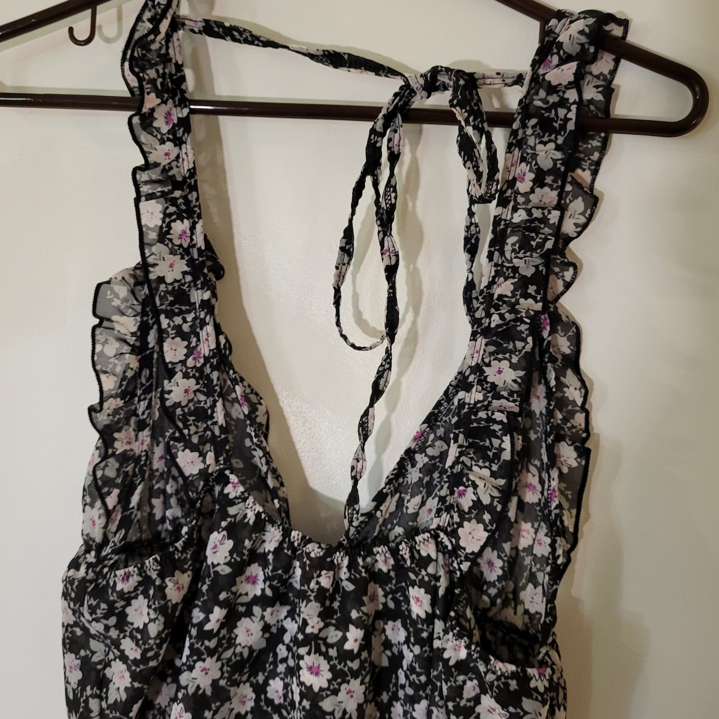 B'Delicious Teddy Dress Black Floral Sleeveless Back Tie Knee Length