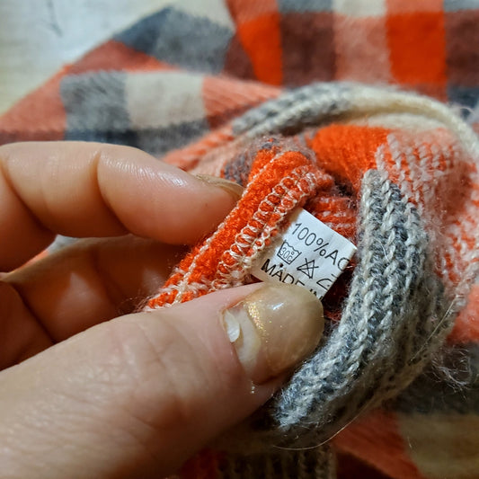 Orange and gray plaid knit infinity scarf acrylic