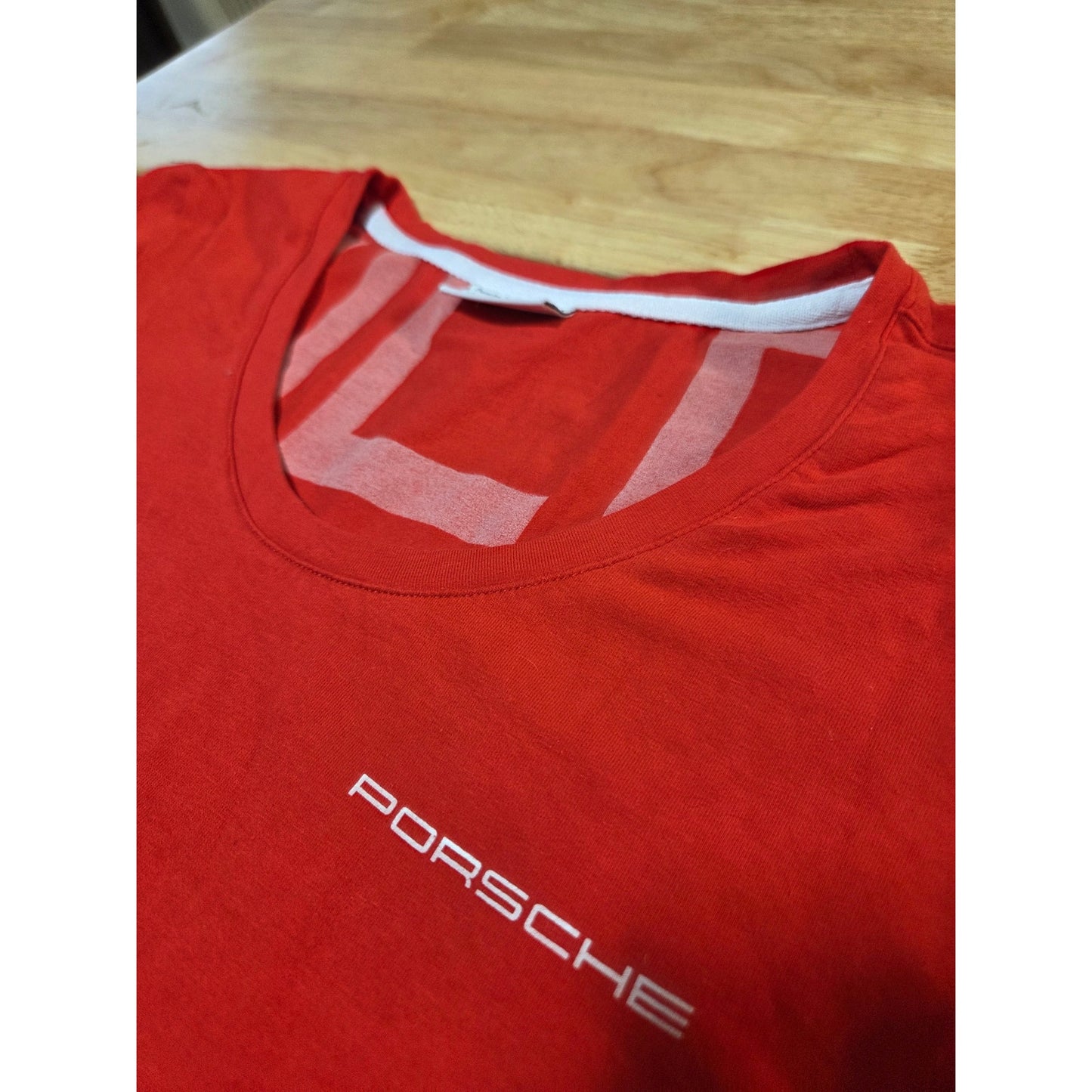 Porsche red cap sleeve v-neck women's t-shirt graphic print white logo small