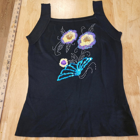 Vintage Cotton Blend Black Beaded Embroidered Knit Tank Sleeveless Sweater