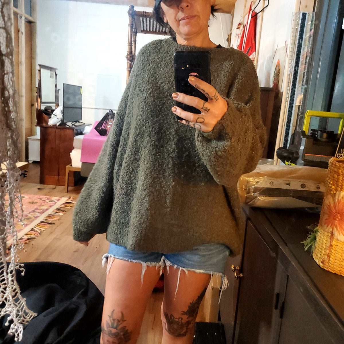 Paper label forest green oversized balloon sleeve sweater slouchy medium