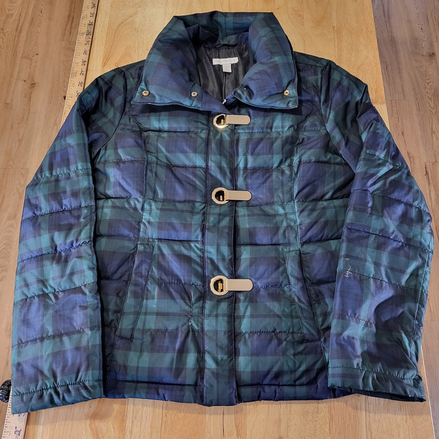 Charter Club Blue Green Plaid Puffer Coat Gold Closures (See slight damage)